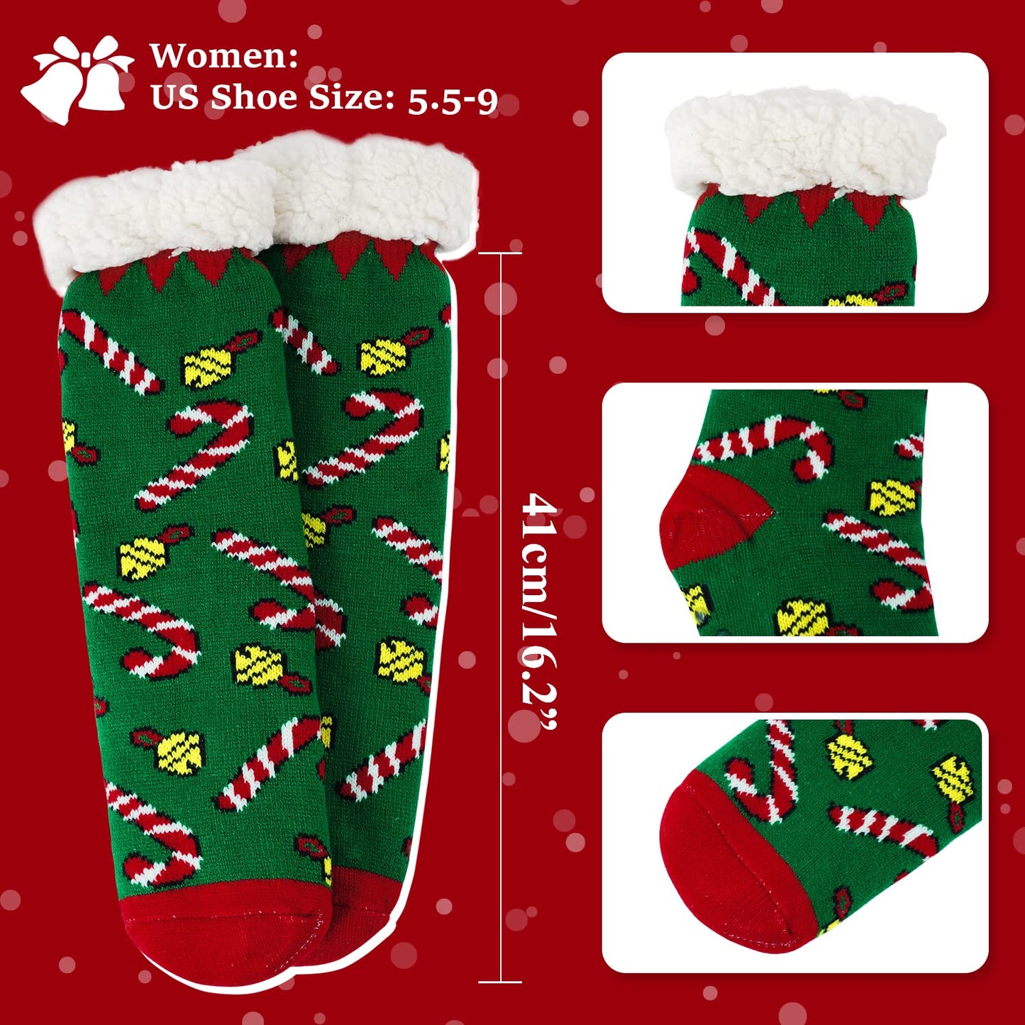 Junely Christmas Slipper Socks for Women with Grippers Non Slip Fuzzy Grip Winter Warm Cozy Thick Comfy Soft Fleece Cabin Socks Green