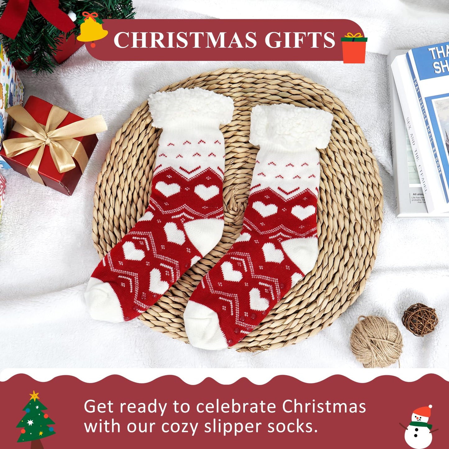 Junely Slipper Socks with Grips for Women Heart Non Slip Fuzzy Fluffy Cozy Warm Soft Comfy Thick Fleece Cabin Socks for Christmas Valentines Day Red